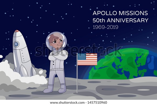 American astronaut standing on the moon alongside\
the USA flag with a rocket in the background commemorating the\
Apollo Missions 50th Anniversary. Earth rising in the background.\
Cartoon style. Vector