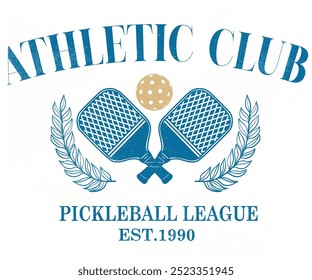 American athletic club graphic print design for t shirt. Pickleball sport club vector t-shirt design. Sport logo. Tennis college league.	