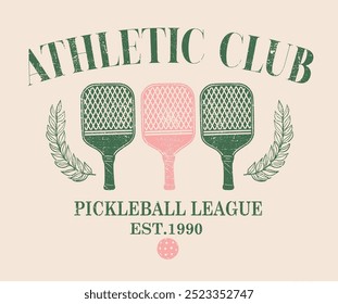 American athletic club graphic print design for t shirt. Pickleball sport club vector t-shirt design. Sport logo. Tennis college league. Vintage artwork for sportswear.