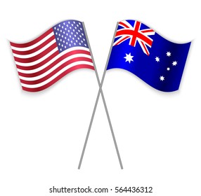 American and Australian crossed flags. United States of America combined with Australia isolated on white. Language learning, international business or travel concept.