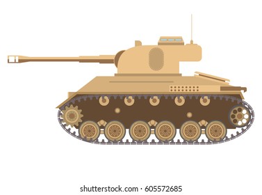 The American average tank of World War II and a tower with the gun and a machine gun.Side view armored army vehicle with a caterpillar. Weapon in flat style a vector. An icon for the website.