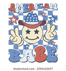 American Babe Stacked Wavy Text with Smiley in Hat design with checkered baclground. Design for celebrating 4th of july Independence Day of USA