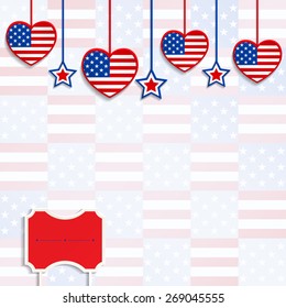 American background with hanging hearts and stars in the US national colors