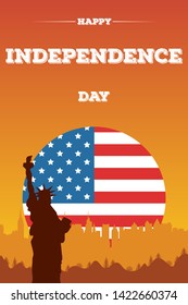 American background for promotional flyer with silhouette of the Statue of Liberty and evening city skyline. Concept banner with national flag colors. Inspirational inscription Independence Day USA.