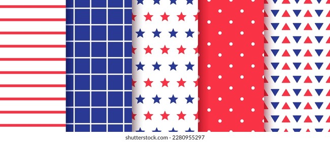 American backgrounds. 4th July seamless pattern. Patriotic textures. Set of Happy independence day prints. USA flag backdrops with stripes and stars. Blue red geometric ornament. Vector illustration.