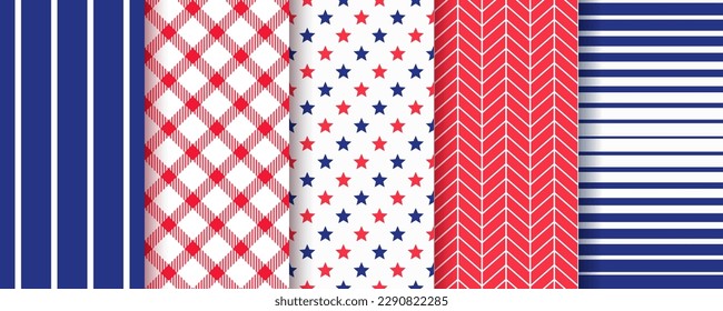 American backgrounds. 4th July seamless pattern. Patriotic prints. Set of Happy independence day textures. USA flag backdrops with stripes and stars. Blue red geometric ornament. Vector illustration.