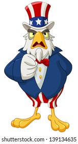 American bald eagle dressed as Uncle Sam pointing with his finger making I want you gesture