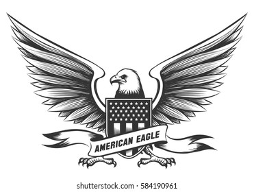 American bald eagle emblem or badge with shield, stripes and stars isolated on white background