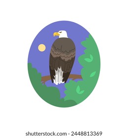 American bald eagle. Flat Vector illustration in a round frame depicting a bird sitting on a tree branch against the sky. Ideal for stickers and badges.