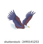 American bald eagle in flight. Vector illustration with a flat cartoon design, on a clean isolated white background, ideal for creative use. Wild bird with outstretched wings.