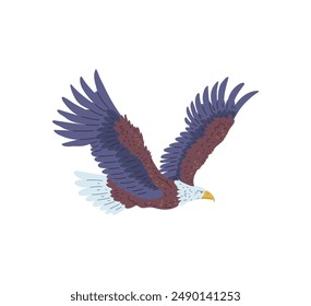 American bald eagle in flight. Vector illustration with a flat cartoon design, on a clean isolated white background, ideal for creative use. Wild bird with outstretched wings.