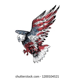  American bald eagle. Hand drawn illustration. Sketch. Watercolor american flag texture. USA symbol. 