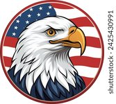 American Bald Eagle Head with American Flag in Circle Badge vector illustration - Vintage Retro American Flag Badge Design Featuring an Eagle Head