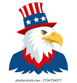 American Bald Eagle Head Portrait, wearing an Uncle Sam hat symbol Independence Day USA on 4th of July. Patriotic American Symbol of Freedom. Vector colorful illustration on a white background