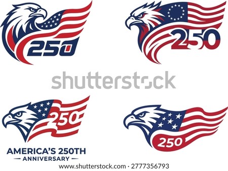 American bald eagle head with USA flag and 250th anniversary typography. Patriotic vector logo set for America semiquincentennial celebration 2026.