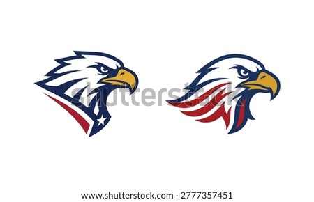 American bald eagle head vector logo set. Patriotic USA bird mascot with red and blue flag design for national sports or independence day celebration.
