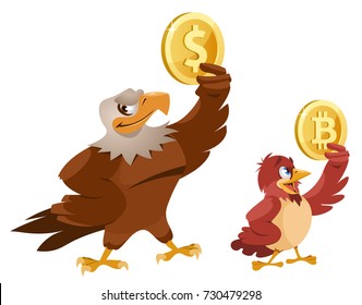 American Bald eagle holding dollar symbol and sparrow holding bitcoin symbol. Cartoon styled vector illustration. Elements is grouped. Isolated on white. No transparent objects.