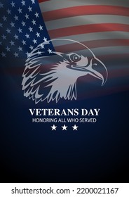 American bald eagle icon on fluttering american flag background, veterans day, vector illustration