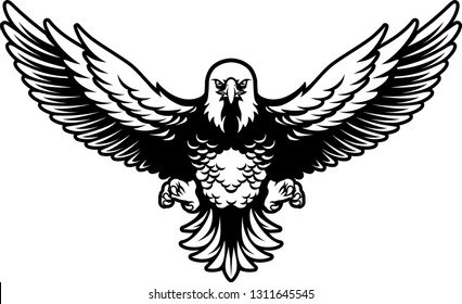 American Bald Eagle with Open Wings and Claws in Black and White