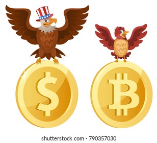 American Bald eagle sits on the dollar symbol, and sparrow sits on the bitcoin symbol. Cartoon styled vector illustration. Elements is grouped. Isolated on white. No transparent objects.