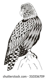 American bald eagle sitting on a rock, zentangle stylized, vector, illustration, freehand pencil