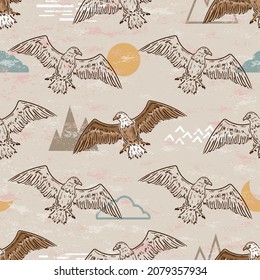 American Bald Eagle Soaring in Sky Seamless Pattern. Vector Background with Birds of Prey.