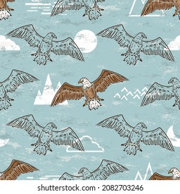 American Bald Eagle Soaring in Sky Seamless Pattern. Vector Blue Background with Birds of Prey.