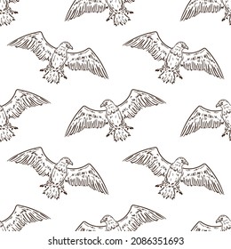 American Bald Eagle Soaring in Sky Seamless Pattern. Vector Black and White Background with Birds of Prey.      