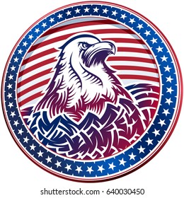 The American Bald Eagle with stars and stripes as a symbol of the Independence Day of the US on 4th July; Vector color banner in hand drawing sketching style for t-shirt print