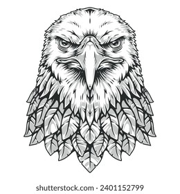 American bald eagle sticker monochrome bird with frowning face looking at camera for fashion design vector illustration