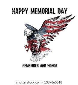 American bald eagle with the text Memorial day remember and honor. Celebration of all who served. American holiday poster.