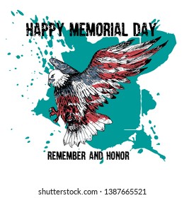 American bald eagle with the text Memorial day remember and honor. Celebration of all who served. American holiday poster.