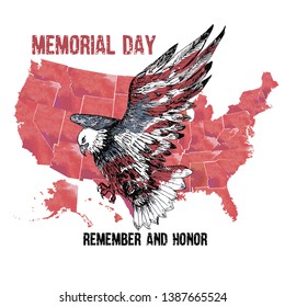 American bald eagle with the text Memorial day remember and honor. Celebration of all who served. American holiday poster.