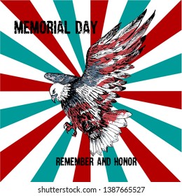 American bald eagle with the text Memorial day remember and honor. Celebration of all who served. American holiday poster.