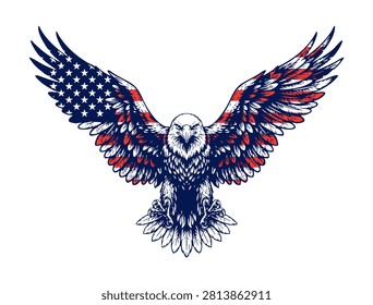 American Bald Eagle with USA Flag Wings Spread — Patriotic Vector Illustration