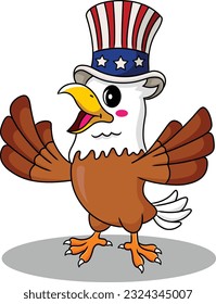 American bald eagle wearing a hat. Cartoon vector illustration isolated on white background, Mascot, Emblem design.