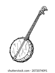 American banjo isolated retro musical instrument. Vector four string banjo guitar, chordal accompaniment. Hand drawn sketch Banjo on a white background.