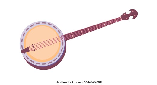 American banjo retro guitar. Vintage musical instrument with four string for playing western or southern folk music isolated on white background. Musical subculture. Vector illustration