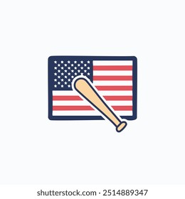 American baseball bat flag. A simple, cartoon illustration of an American flag with a baseball bat. Perfect for sporting events, patriotism, or Fourth of July celebrations.