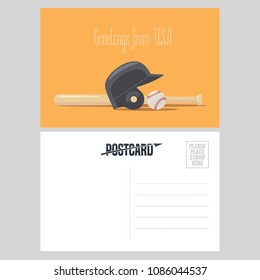 American baseball equipment vector illustration. Design element for airmail card sent from USA for travel to America concept with baseball ball and bat