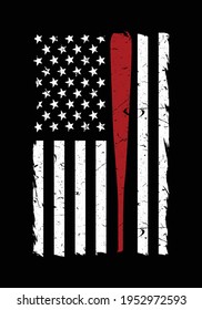 American baseball flag. Black and white USA flag and red baseball bat vector. Design element for poster, t-shirt print, card, advertising