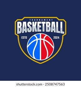 American basketball club logo Sports, basketball club . Tournament basketball club emblem, design template on blue background