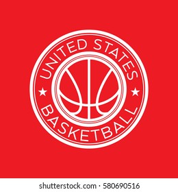 An American basketball crest in vector format. This round shield features stars, text that says United States, and a basketball.