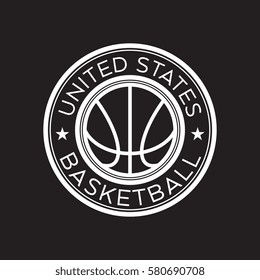 An American basketball crest in vector format. This round shield features stars, text that says United States, and a basketball.