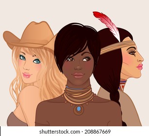 American beauty: 3 beautiful young women from different ethnic groups of Caucasian, African American and Indian American. Vector illustration.