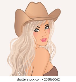 American beauty: Young beautiful happy blonde woman in cowboy hat. Vector illustration.