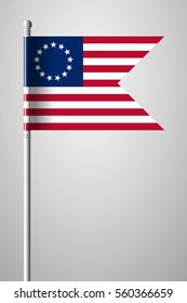 American Betsy Ross Flag. National Flag on Flagpole. Isolated Illustration on Gray Background