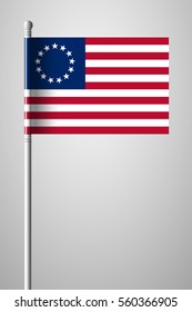 American Betsy Ross Flag. National Flag on Flagpole. Isolated Illustration on Gray Background