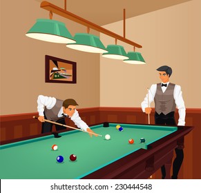 American Billiards Competition. Two Young Men Play Game Of Billiards In Hall. Color Vector Graphic. 