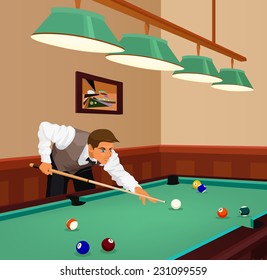 American billiards pool. Young man plays game of billiards in hall. Guy is aiming and going to make shot with a cue. Game in progress, red ball about to be potted. Color vector graphic. 